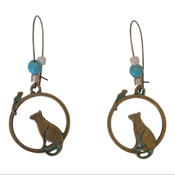 Jewelry - Boho Cat Dangle Earrings with Turquoise Accent